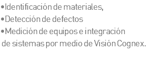 •Identificación de materiales, •Detección de defectos •Medición de equipos e integración de sistemas por medio de Visión Cognex.