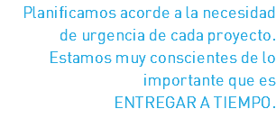 Planificamos acorde a la necesidad de urgencia de cada proyecto. Estamos muy conscientes de lo importante que es ENTREGAR A TIEMPO.